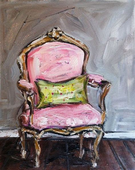 a painting of a pink chair with a green pillow on it's back, in front ...