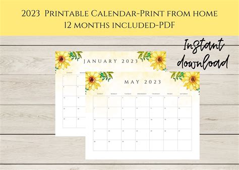 Printable Calendar-printable Calendar 2023-sunflower Printable - Etsy | Printable calendar ...