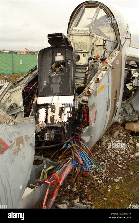 Two seat Harrier T4 jump jet military aircraft jet plane wreck showing smashed cockpit and ...