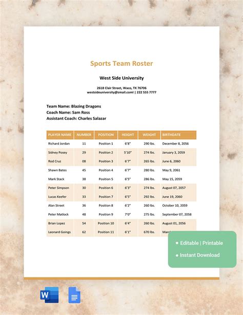 Sports Roster Template - Download in Word, Google Docs | Template.net