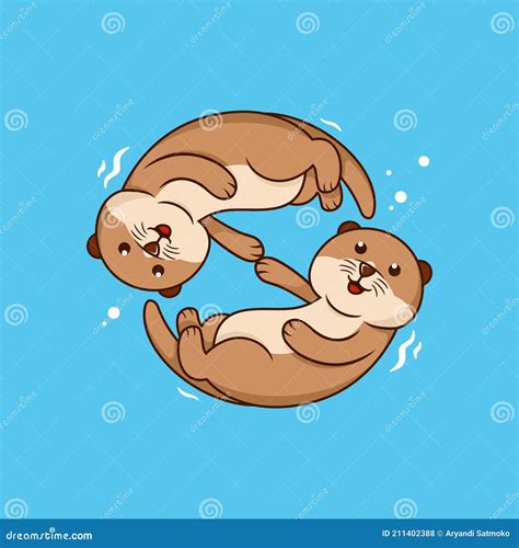 Sea Otter Cartoon Holding Hands