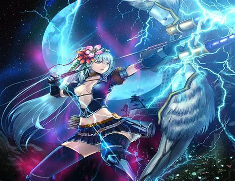 Blue, game, warrior, lightning, girl, anime, monster, archer, long hair, HD wallpaper | Peakpx