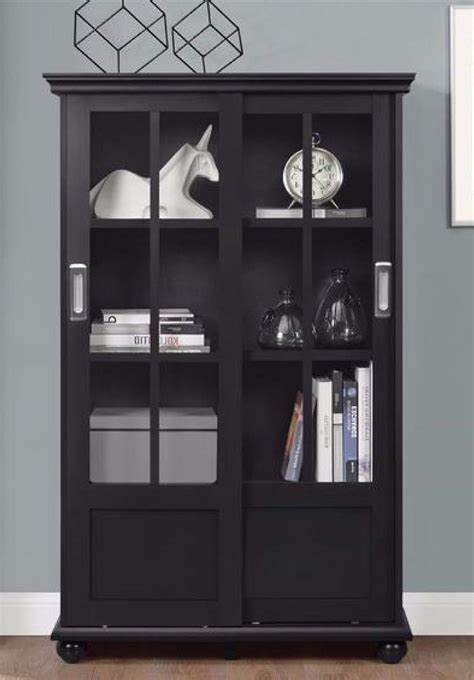 Glass Display Cabinet Bookshelf w/ Sliding Glass Doors- Black