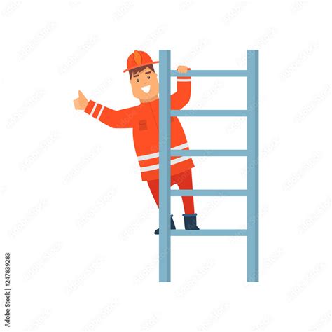 Smiling Firefighter Wearing Orange Protective Uniform Climbing Ladder ...