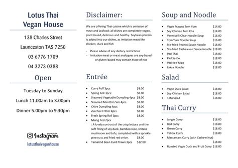 Lotus Thai Vegan House Takeaway Menu » Heads Up Launceston