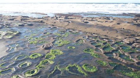 Eroded Tide Pool Rock Formation in California. Sunset Sky Reflection in ...