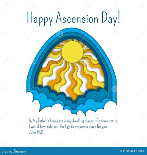Happy Ascension Day of Jesus Greeting Card Template with Bible Quote, Clouds and Sun Rays. Stock ...