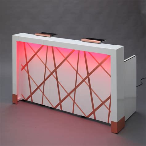 G-Flexx bar with LED lights, white cladding with copper inlays and applications. Mobile Bar, Dj ...