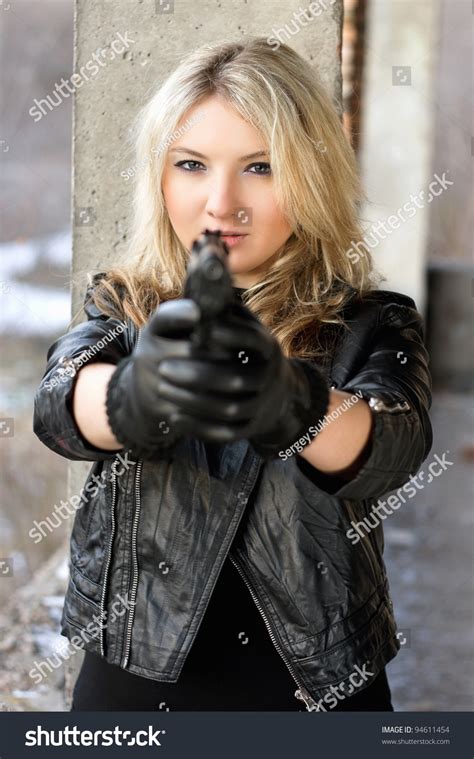 Brave Young Woman Pointing Gun Neglected Stock Photo 94611454 - Shutterstock