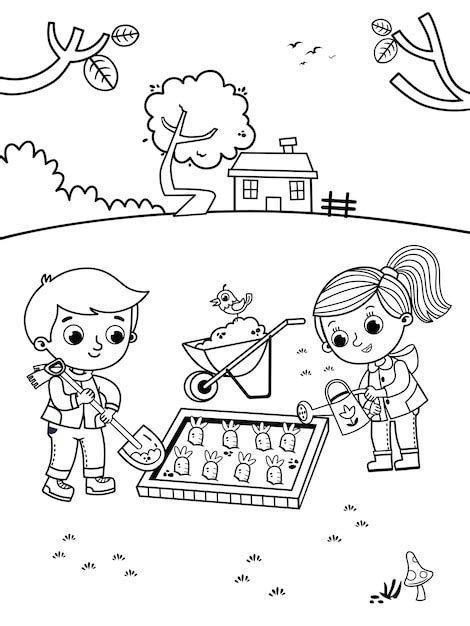 Dibujo en blanco y negro de dos niños jardinería página para colorear ...