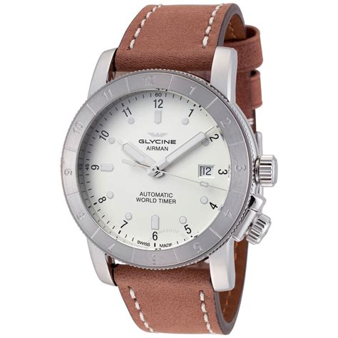 Glycine Airman Worldtimer Automatic Silver Dial Brown Leather Men's ...