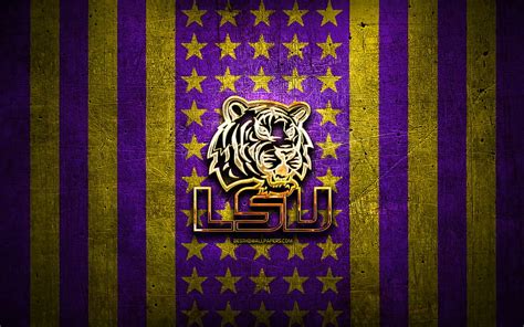 LSU Tigers flag, NCAA, violet yellow metal background, american ...