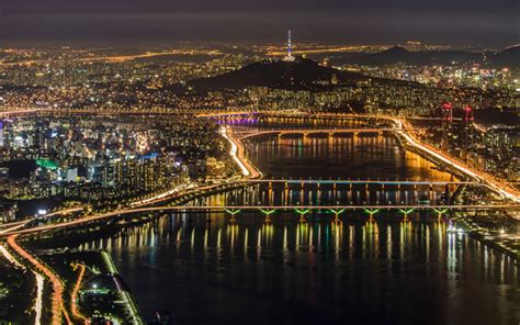 Download wallpapers Seoul, city lights, night, South Korea, bridge ...