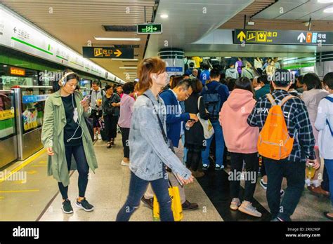 Shanghai, China, Crowded Metro Subway Train, Inside, Chinese Tourists, Riding in Public ...