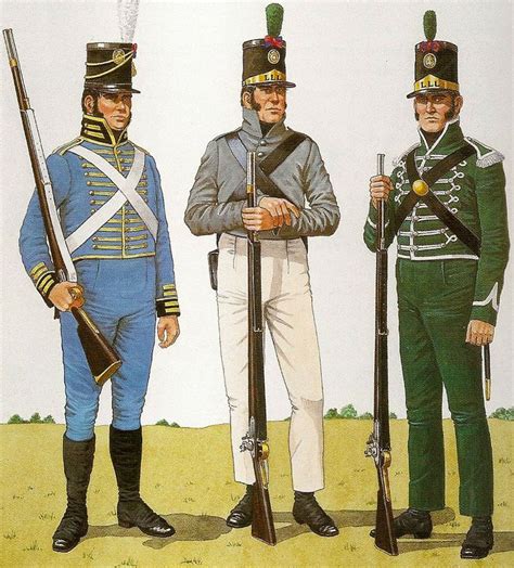 Portuguese Infantry (Left) Rifleman Light Legion.1805. (Centro) Rifleman of the 2nd Battalion of ...