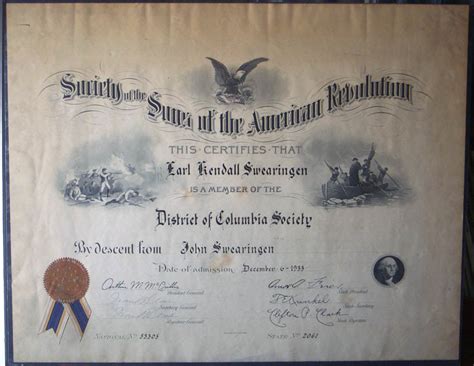 1933 Sons of the American Revolution Membership Certificate of Earl Kendall Swearingen: Flying ...