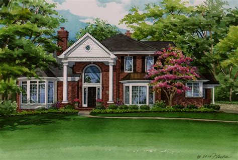 Watercolor home portrait of lovely brick residence | Custom House ...