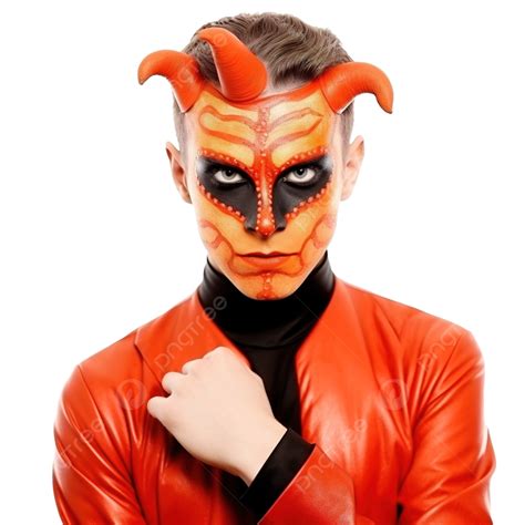 Devil Boy Standing Halfturn Against An Orange In Masquerade Makeup ...
