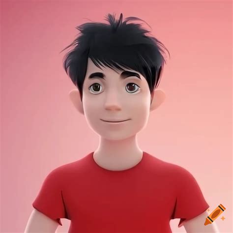 Hyperrealistic 3d cartoon of a happy brunette man in a red t-shirt