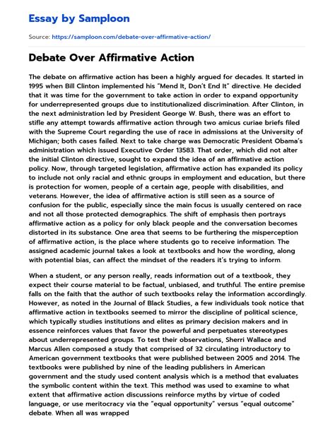 ≫ Debate Over Affirmative Action Free Essay Sample on Samploon.com