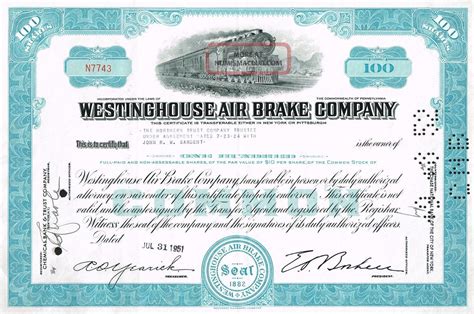 Usa Westinghouse Air Brake Company Stock Certificate