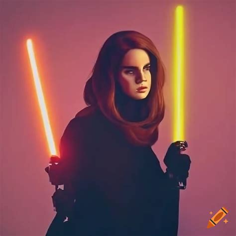 Lana del rey posing with a yellow lightsaber on Craiyon