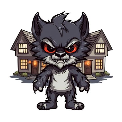 Halloween Werewolf Cartoon In Front Of Houses Design, Scary Theme, Halloween Cartoon, Halloween ...