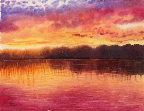 Sunset Lake Original Watercolor Painting by Cathy Hillegas