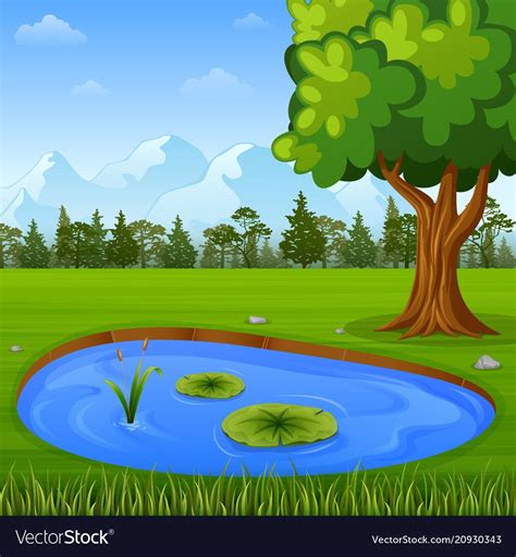 Vector illustration of Beautiful nature with water pond. Download a ...