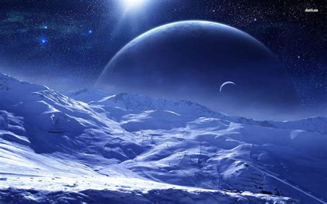 an artist's rendering of a planet in the sky with mountains and stars ...