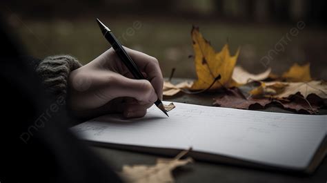 Pen And Paper With Leaf In Autumn Background, Person Writing, Compose ...