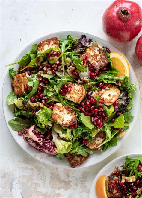 Pomegranate Greens Salad with Halloumi Croutons and Spiced Orange Vinaigrette. | Recipe ...