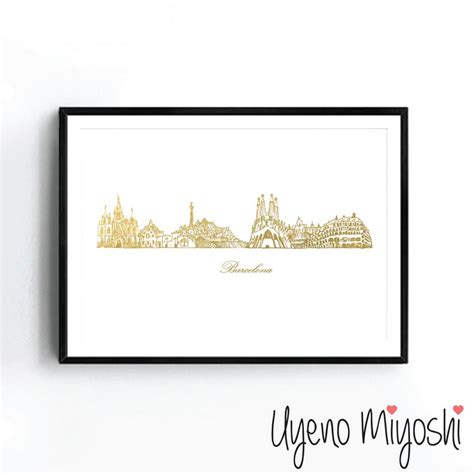 Barcelona Skyline II Hand Sketch Gold Foil Print Gold Print - Etsy