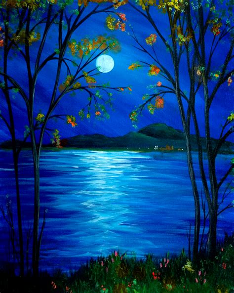 Moonlit Mountain Lake (Fall) | Nature paintings, Painting gallery, Simple acrylic paintings