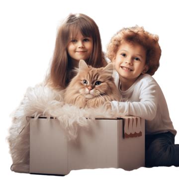 Happy Children And Fluffy Cat In A Box In The Decorated Christmas Room, Kids Laughing, Happy ...