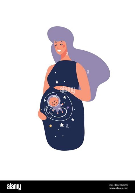 Cute space pregnant woman. Baby astronaut in the womb with stars. Funny ...