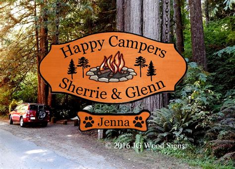 Personalized RV Sign - Colored Campfire Graphic with pine trees - Wood ...