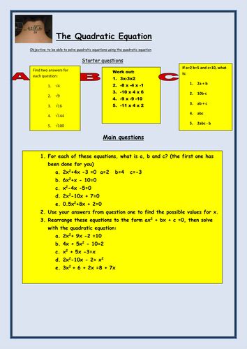 Algebra: Solving a Quadratic equation worksheet | Teaching Resources