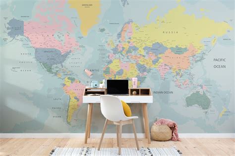 Pastel World Map Wallpaper Mural | Hovia in 2021 | World map wallpaper ...