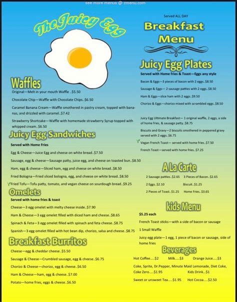 Online Menu of The Juicy Egg Restaurant, Columbia, Tennessee, 38401 - Zmenu