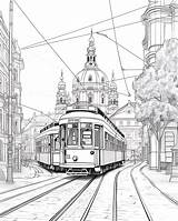 Premium Photo  Adult Coloring Page With A Tram In The City sketch template
