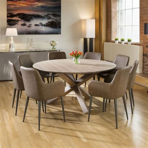 Huge 1600mm Grey Solid Oak Round Dining Table + 8 Brown Carver Chairs ...