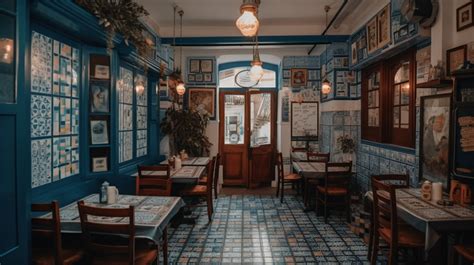 Traditional Greek taverna in Athens with a blue and white color scheme and outdoor seating