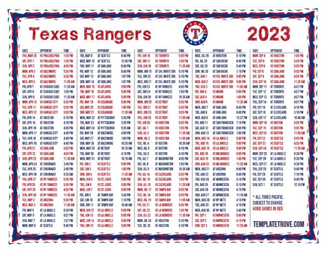 Printable 2023 Texas Rangers Schedule