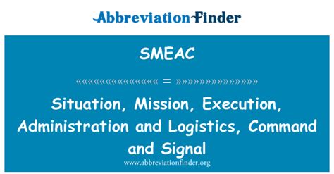 SMEAC stands for Situation, Mission, Execution, Administration and Logistics, Command and Signal ...