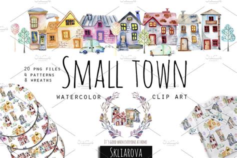 Small town. Watercolor clip art set. | Watercolor clipart, Clip art ...