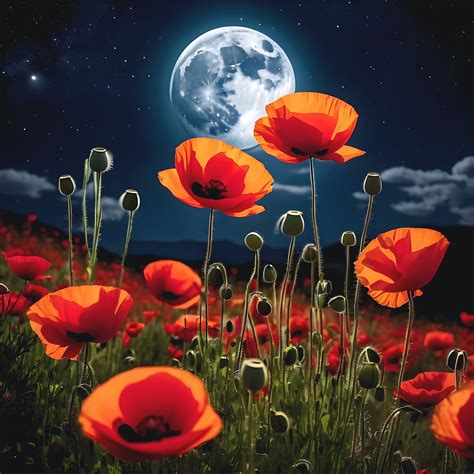 Poppies Full Moon Night Free Stock Photo - Public Domain Pictures