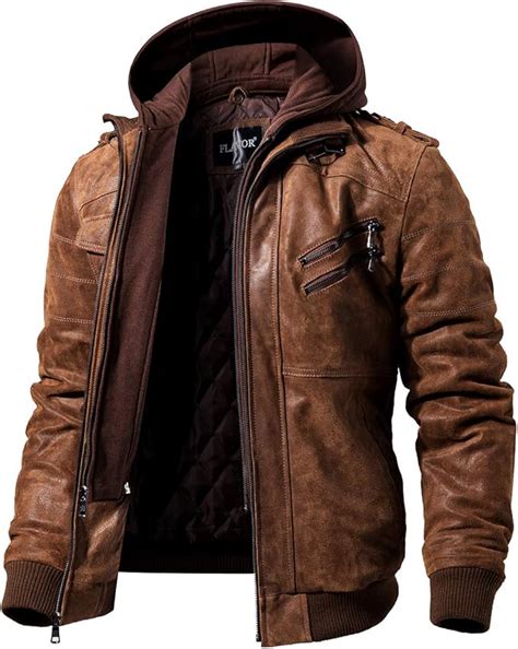 FLAVOR Men Brown Leather Motorcycle Jacket with Removable Hood at ...