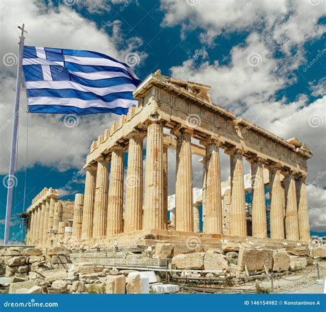 Parthenon Athens Greeece and Greek Flag Waving Stock Photo - Image of ...