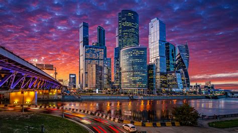 Download Skyscraper City Night Russia Building Man Made Moscow HD Wallpaper